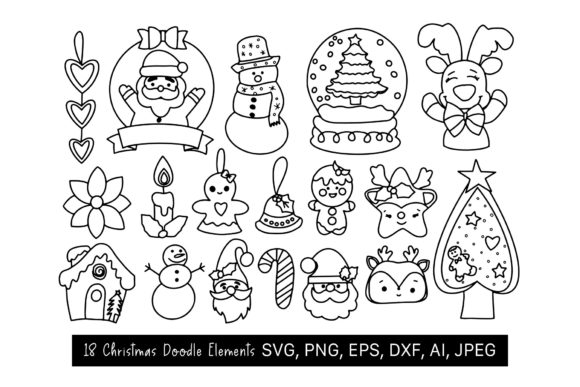 18 Christmas Doodle Clipart, SVG for Illustrations