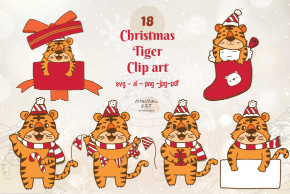 18 Christmas Tiger Cute Clip Art for Illustrations