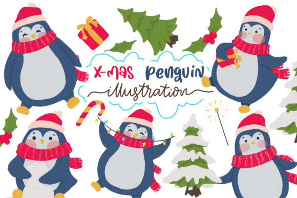 Cute Christmas Penguin Clipart Bundle Illustrations