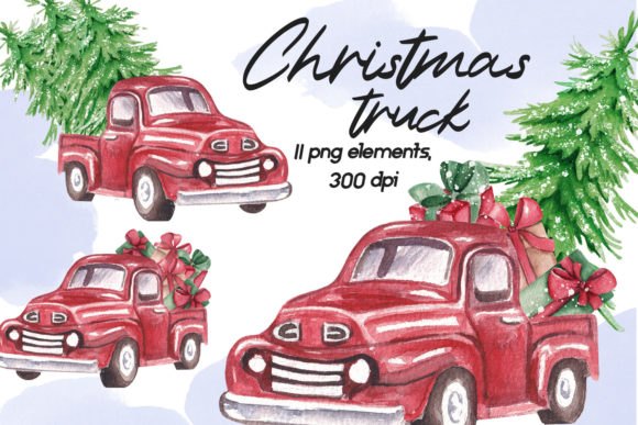 Watercolor Christmas Red Truck Clipart for Illustrations
