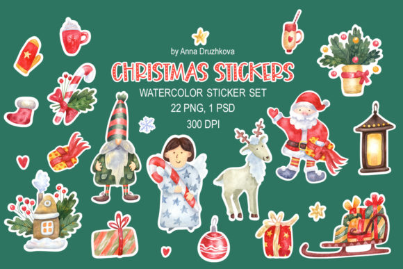 Watercolor Christmas Sticker Set for Illustrations